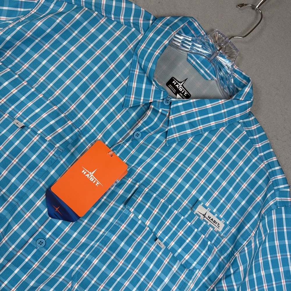 Habit Button Up Fishing Shirt Short Sleeve Blue Plaid UV Protect Men's 2XL NWT